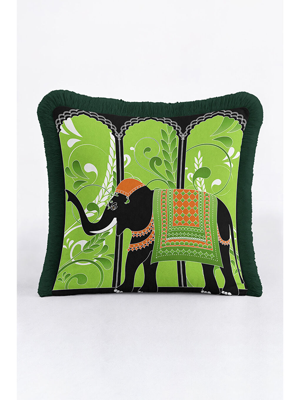Karışık Hint Zarif Saçaklı Yastık Kılıfı - Fil Figürlü Bohem Yeşil Turuncu Püsküllü Kırlent Kılıfı-2