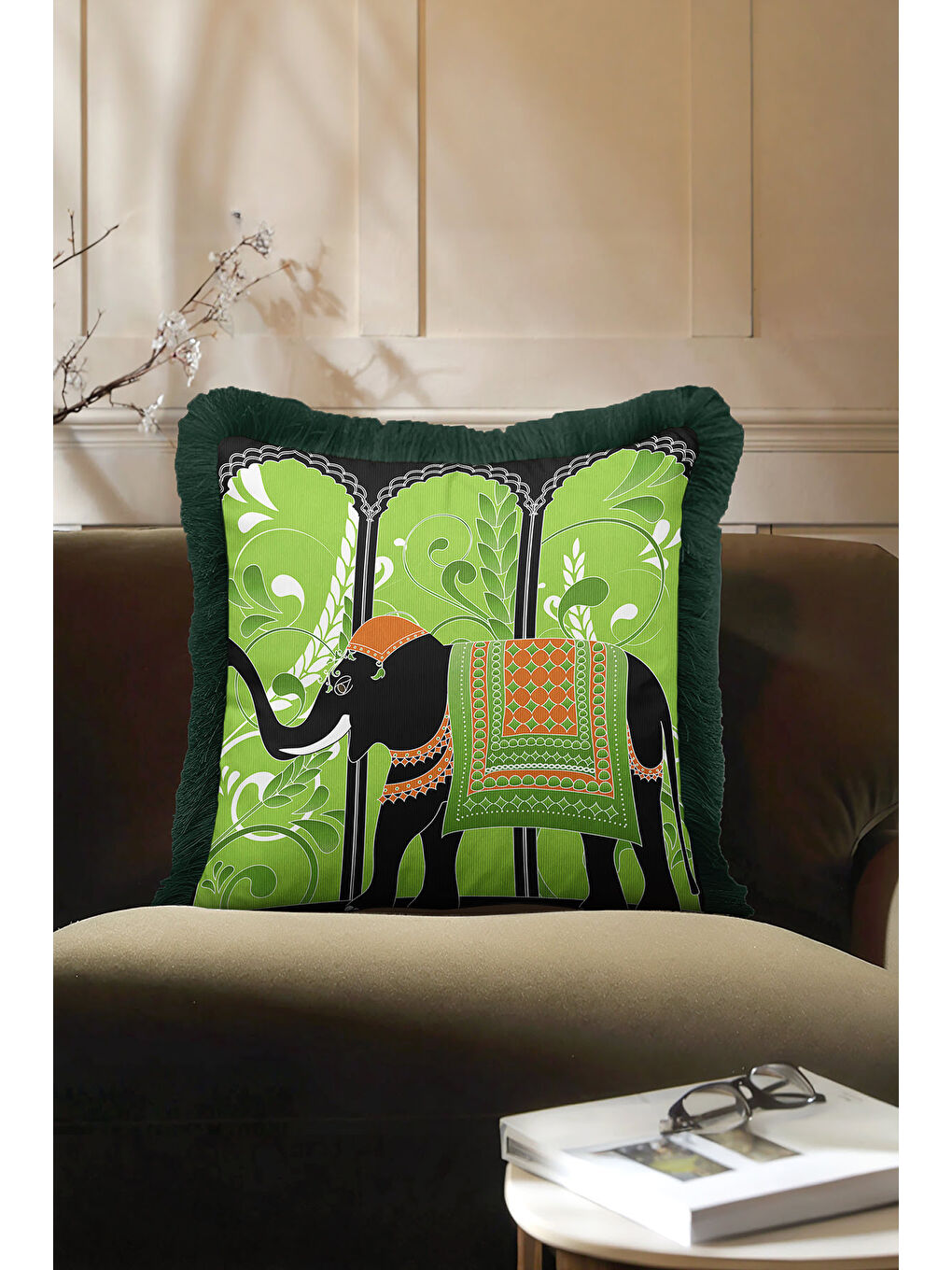 Karışık Hint Zarif Saçaklı Yastık Kılıfı - Fil Figürlü Bohem Yeşil Turuncu Püsküllü Kırlent Kılıfı-3