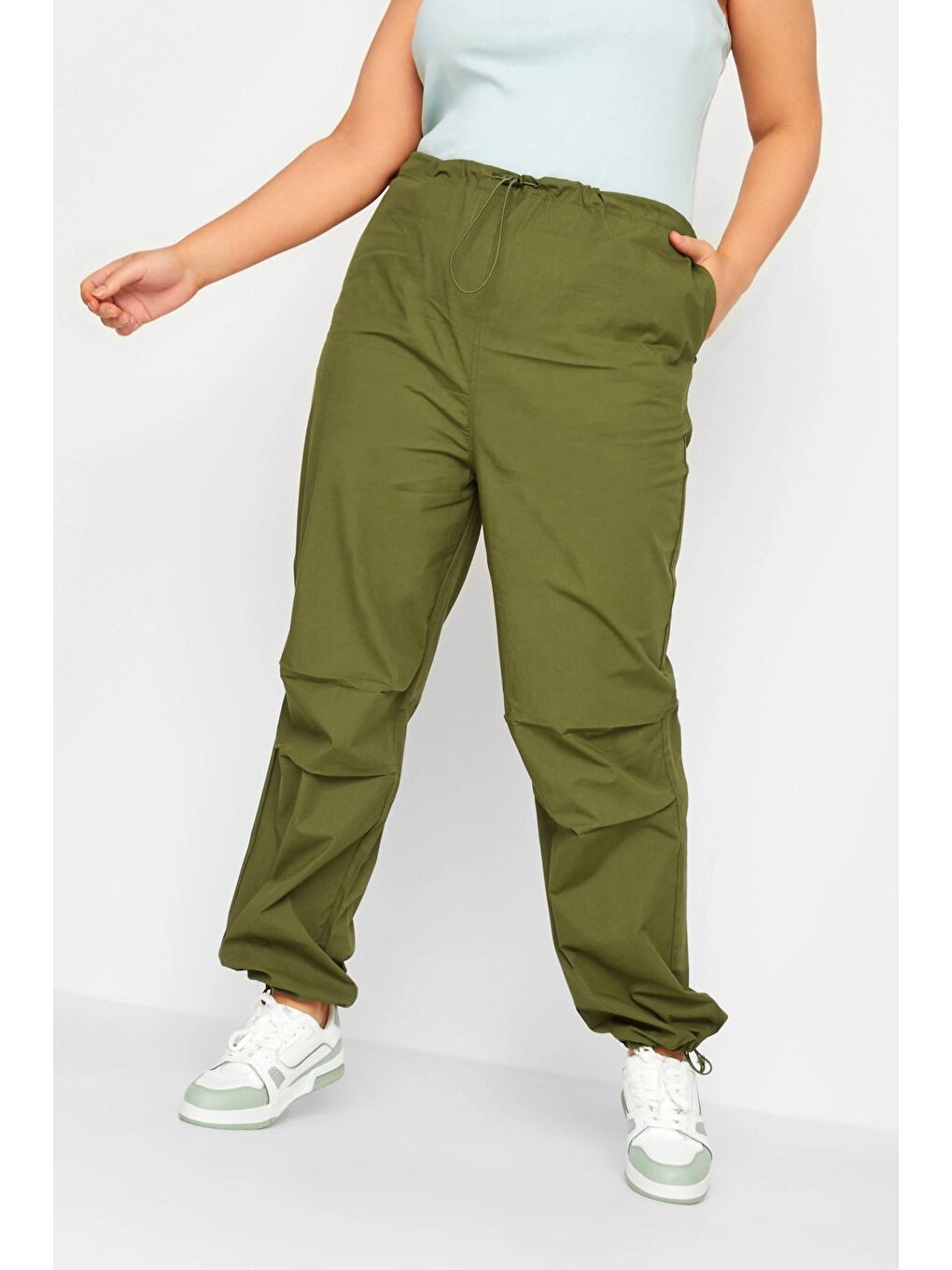 Haki Büyük Beden Paçası Lastikli Cep Detaylı Kargo Pantolon 302040-4