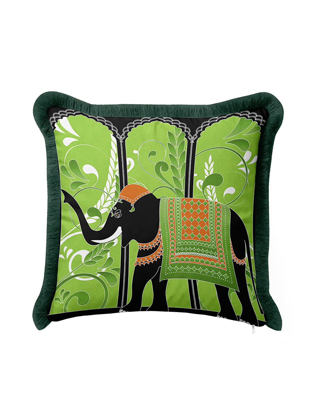 Karışık Hint Zarif Saçaklı Yastık Kılıfı - Fil Figürlü Bohem Yeşil Turuncu Püsküllü Kırlent Kılıfı-4