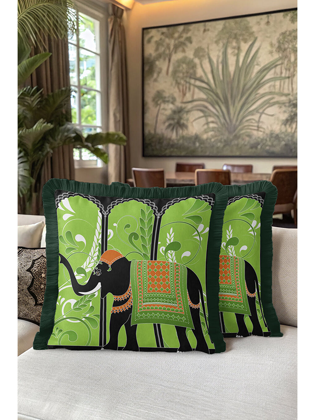 Karışık Hint Zarif Saçaklı Yastık Kılıfı - Fil Figürlü Bohem Yeşil Turuncu Püsküllü Kırlent Kılıfı-5
