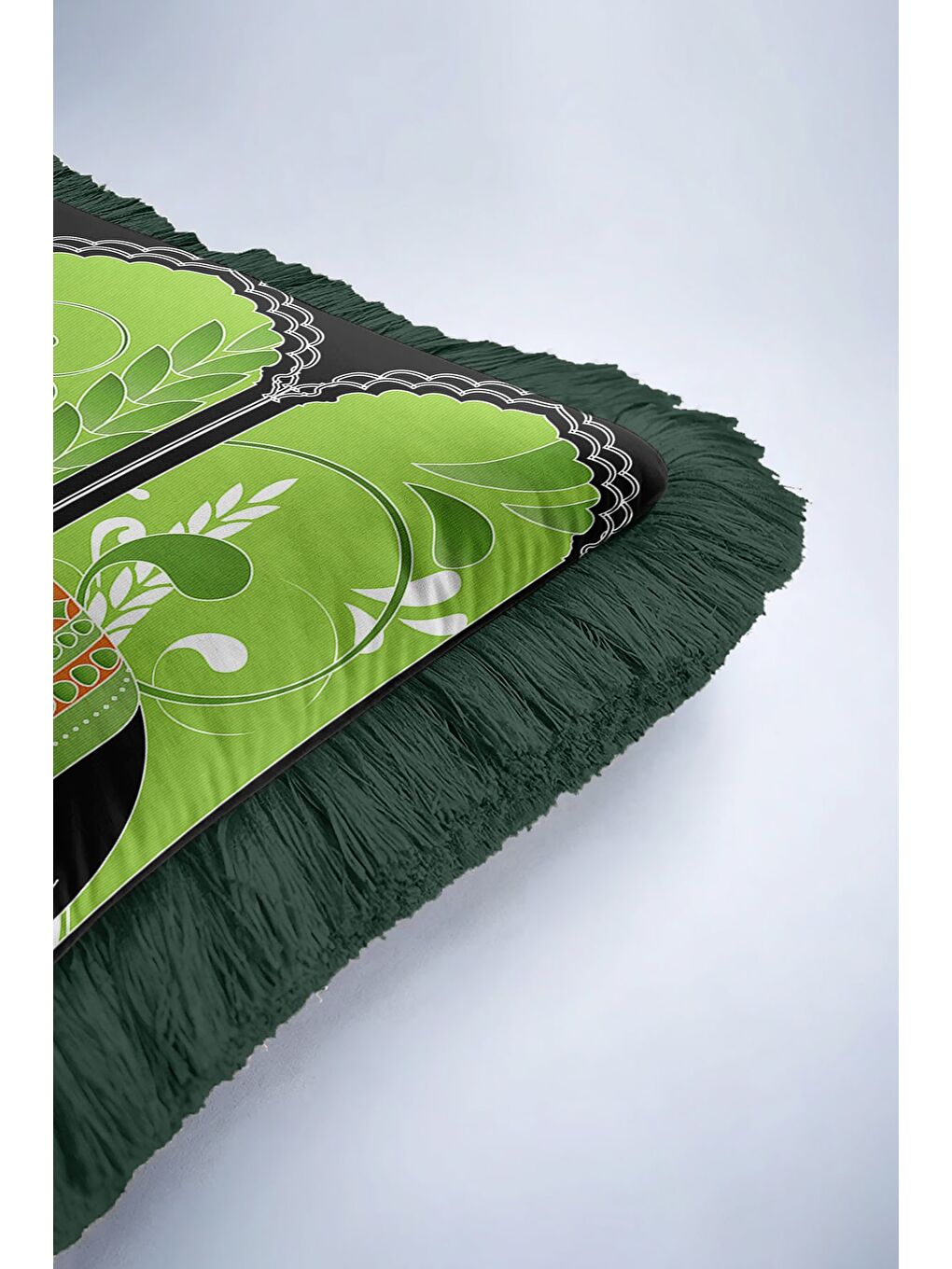 Karışık Hint Zarif Saçaklı Yastık Kılıfı - Fil Figürlü Bohem Yeşil Turuncu Püsküllü Kırlent Kılıfı-6