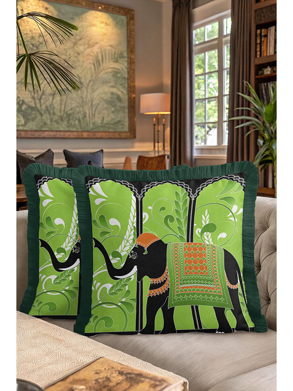 Karışık Hint Zarif Saçaklı Yastık Kılıfı - Fil Figürlü Bohem Yeşil Turuncu Püsküllü Kırlent Kılıfı-7