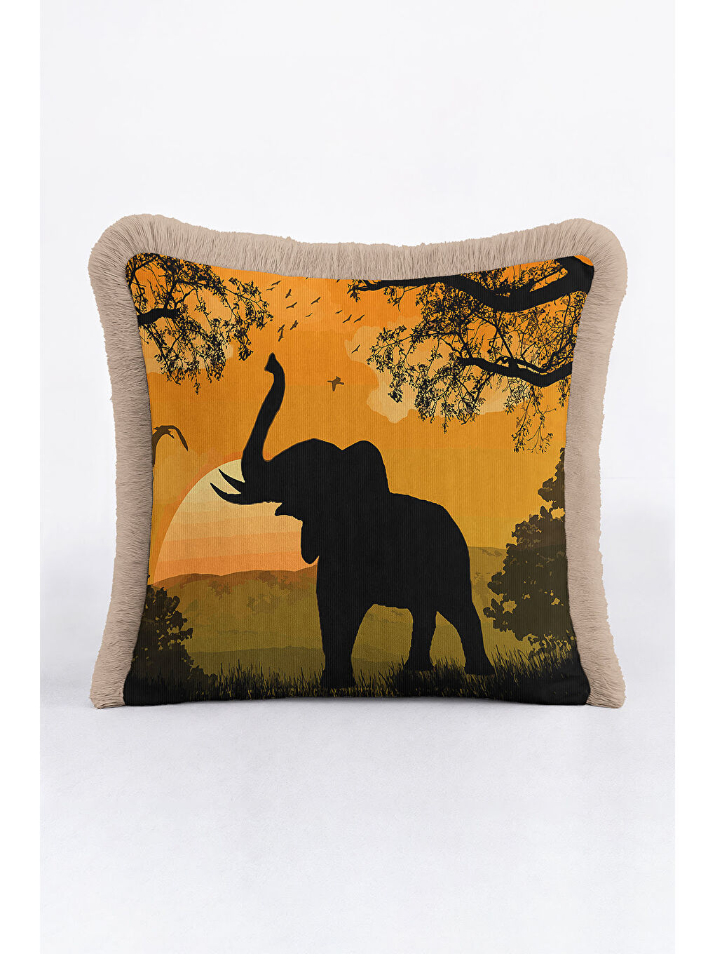 Karışık Afrika Batımı Saçaklı Yastık Kılıfı - Safari Vahşi Doğa Bohem Sarı Kahve Püsküllü Kırlent Kılıfı