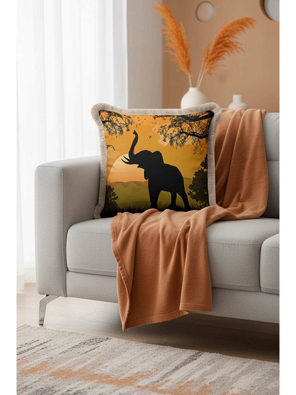 Karışık Afrika Batımı Saçaklı Yastık Kılıfı - Safari Vahşi Doğa Bohem Sarı Kahve Püsküllü Kırlent Kılıfı-1