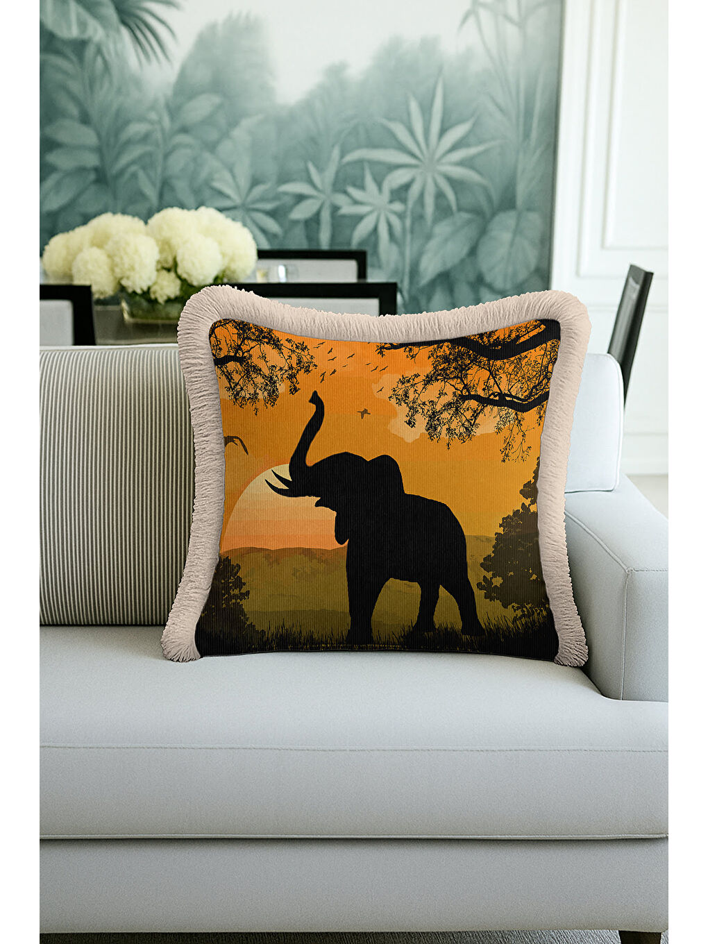 Karışık Afrika Batımı Saçaklı Yastık Kılıfı - Safari Vahşi Doğa Bohem Sarı Kahve Püsküllü Kırlent Kılıfı-2