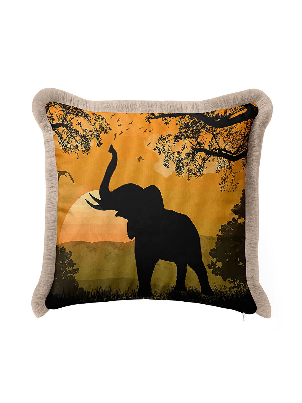 Karışık Afrika Batımı Saçaklı Yastık Kılıfı - Safari Vahşi Doğa Bohem Sarı Kahve Püsküllü Kırlent Kılıfı-3