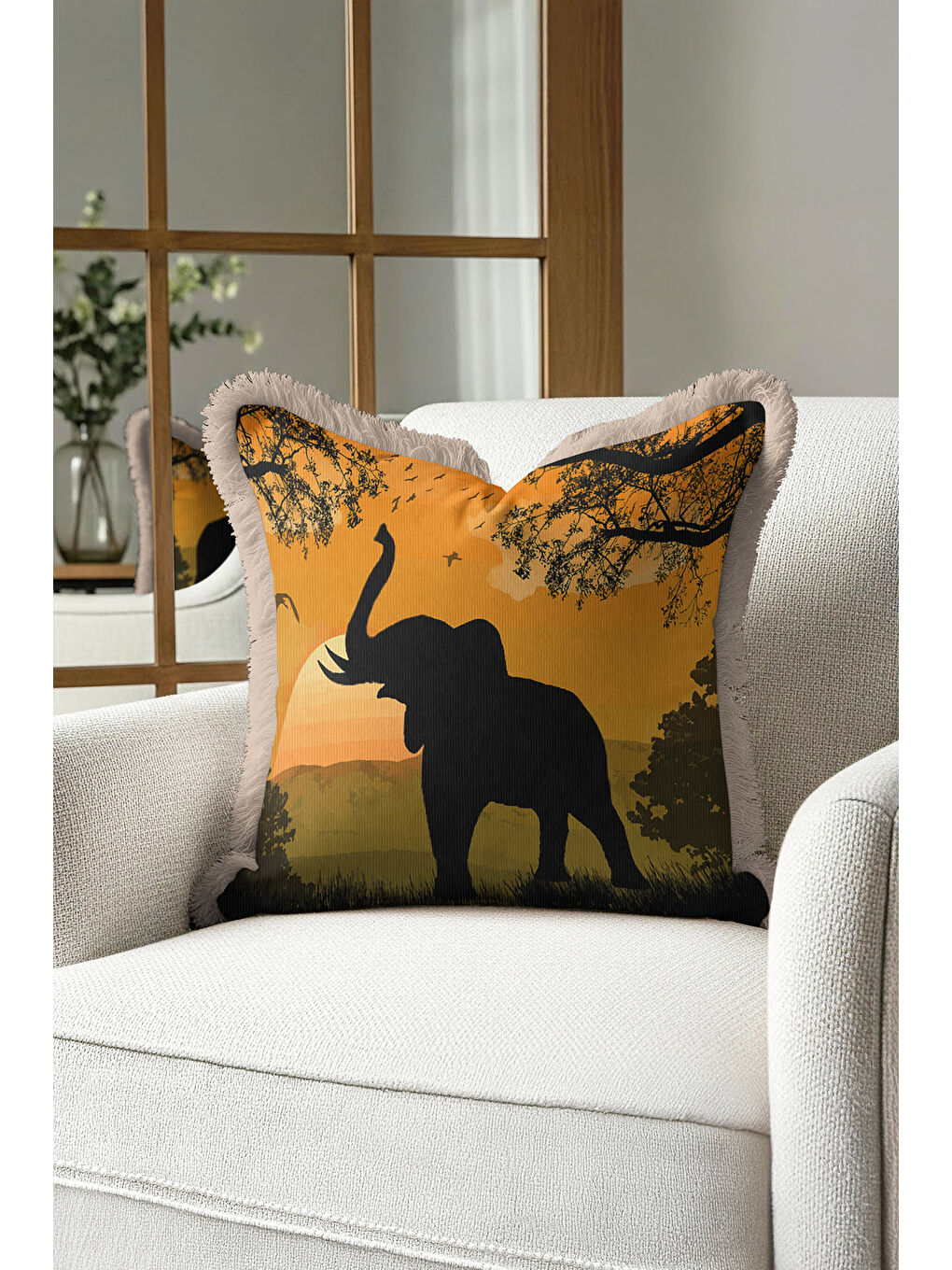 Karışık Afrika Batımı Saçaklı Yastık Kılıfı - Safari Vahşi Doğa Bohem Sarı Kahve Püsküllü Kırlent Kılıfı-4