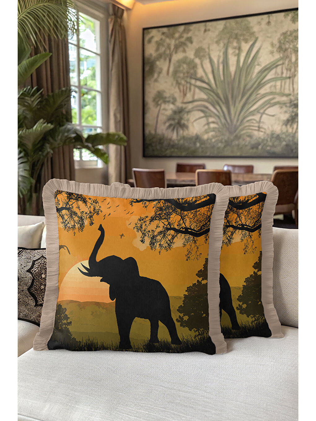 Karışık Afrika Batımı Saçaklı Yastık Kılıfı - Safari Vahşi Doğa Bohem Sarı Kahve Püsküllü Kırlent Kılıfı-5