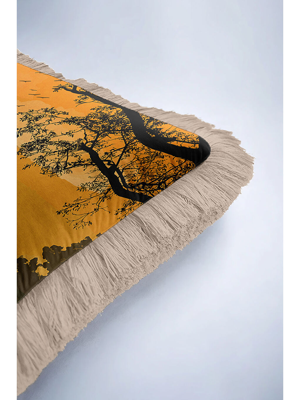 Karışık Afrika Batımı Saçaklı Yastık Kılıfı - Safari Vahşi Doğa Bohem Sarı Kahve Püsküllü Kırlent Kılıfı-6