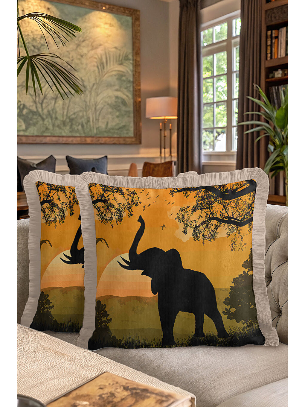 Karışık Afrika Batımı Saçaklı Yastık Kılıfı - Safari Vahşi Doğa Bohem Sarı Kahve Püsküllü Kırlent Kılıfı-7