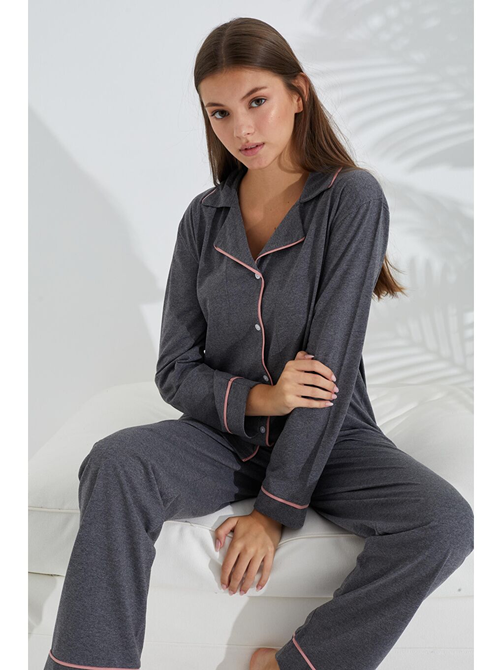 Antrasit Somon Pamuklu Düğmeli Biyeli Pijama Takım