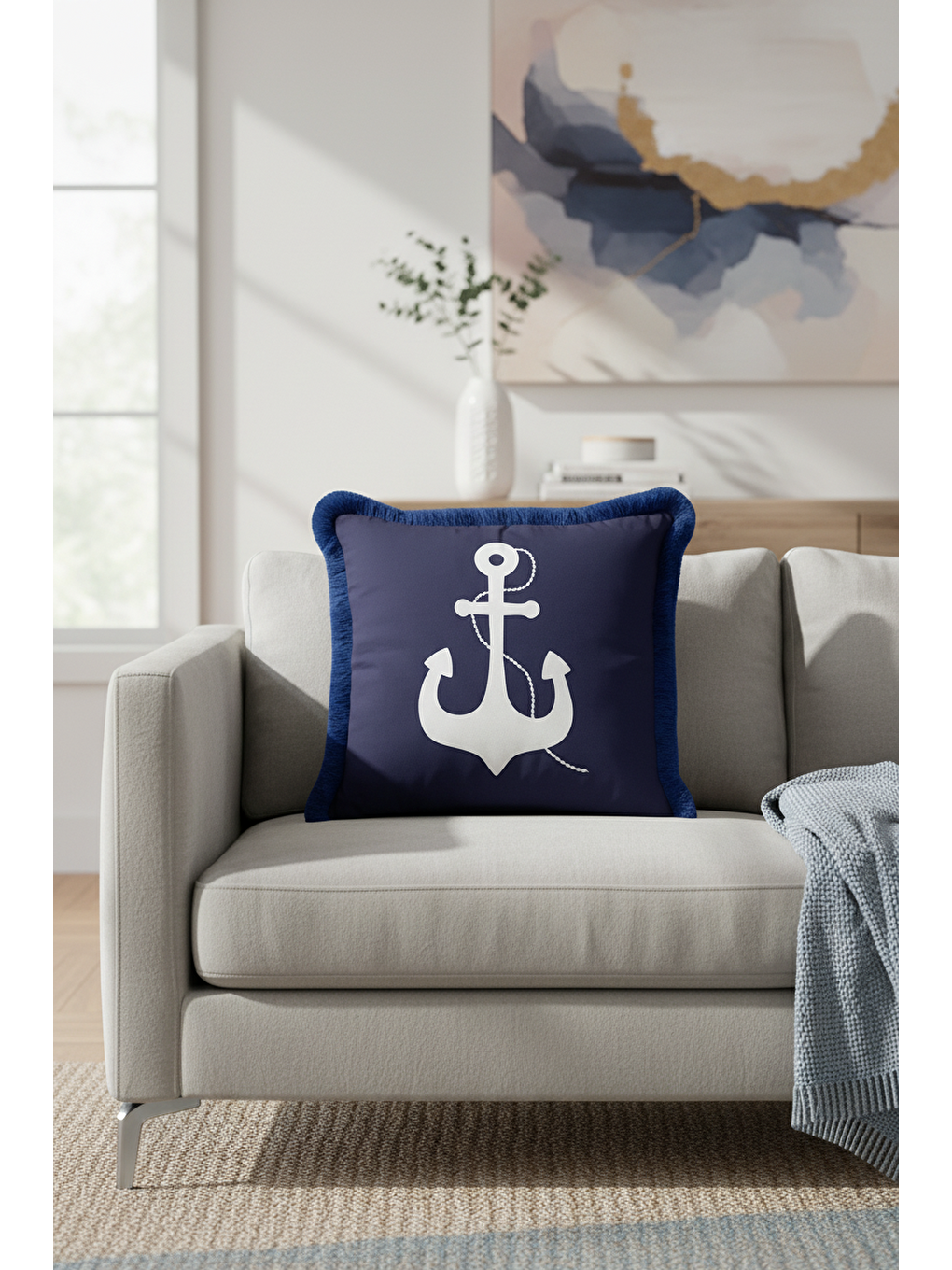 Karışık Marin Çapa Motifli Saçaklı Yastık Kılıfı - Denizci Temalı Lacivert Mavi Püsküllü Kırlent Kılıfı-1