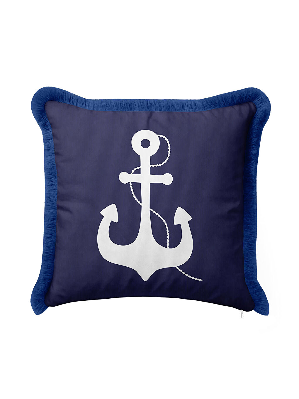 Karışık Marin Çapa Motifli Saçaklı Yastık Kılıfı - Denizci Temalı Lacivert Mavi Püsküllü Kırlent Kılıfı-2