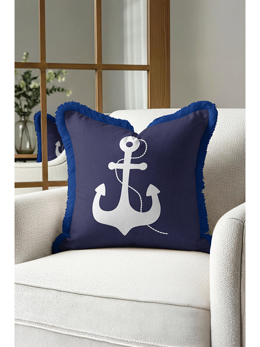 Karışık Marin Çapa Motifli Saçaklı Yastık Kılıfı - Denizci Temalı Lacivert Mavi Püsküllü Kırlent Kılıfı-3