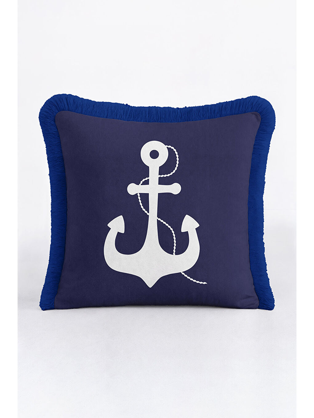 Karışık Marin Çapa Motifli Saçaklı Yastık Kılıfı - Denizci Temalı Lacivert Mavi Püsküllü Kırlent Kılıfı-4