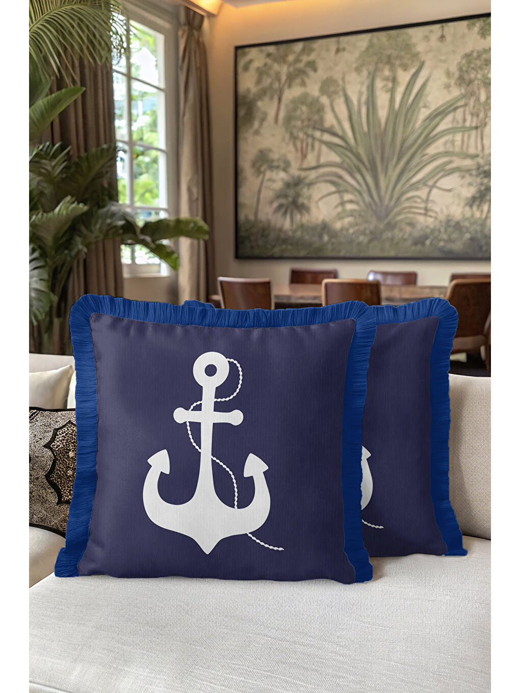 Karışık Marin Çapa Motifli Saçaklı Yastık Kılıfı - Denizci Temalı Lacivert Mavi Püsküllü Kırlent Kılıfı-5