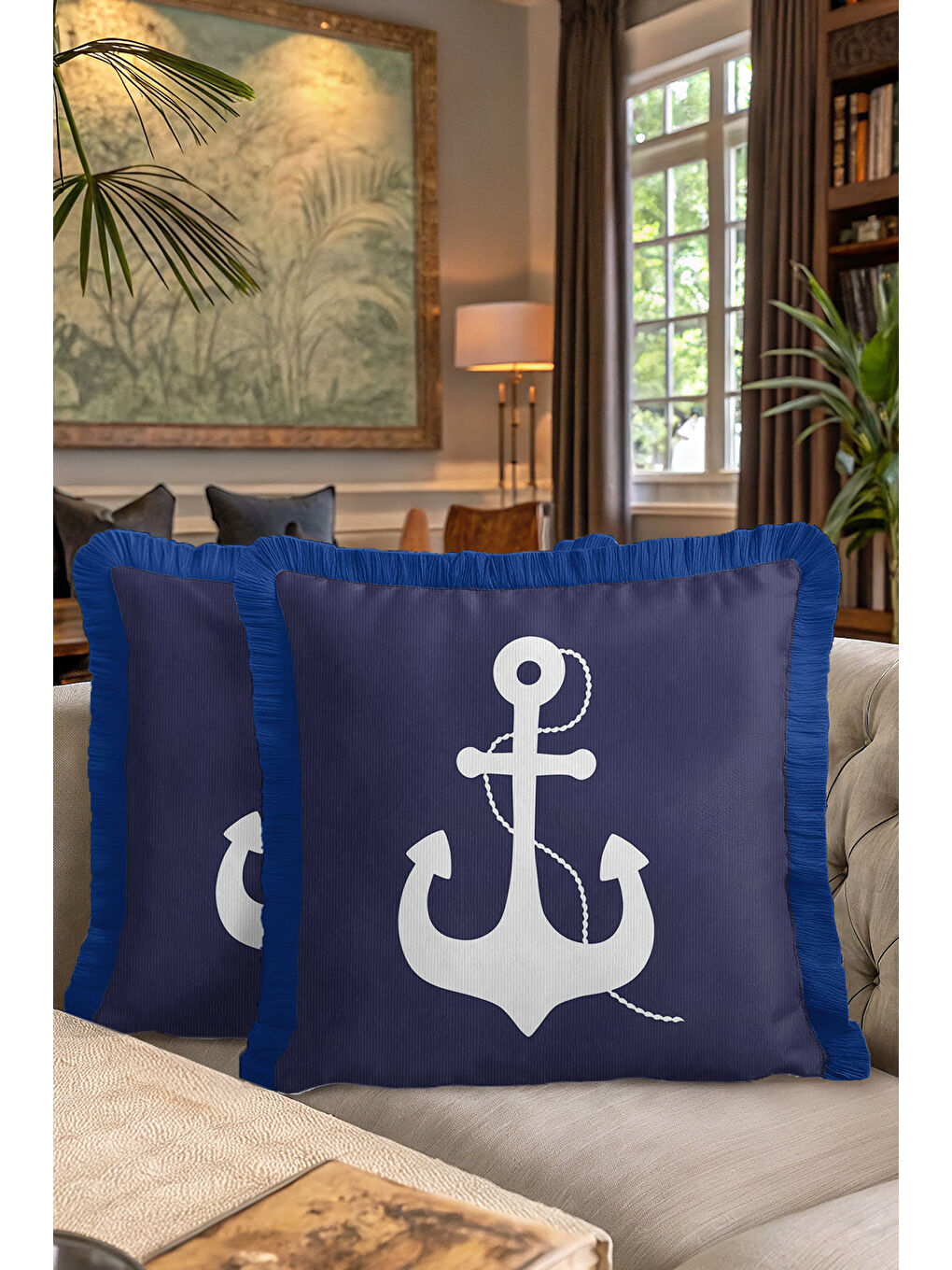 Karışık Marin Çapa Motifli Saçaklı Yastık Kılıfı - Denizci Temalı Lacivert Mavi Püsküllü Kırlent Kılıfı-7