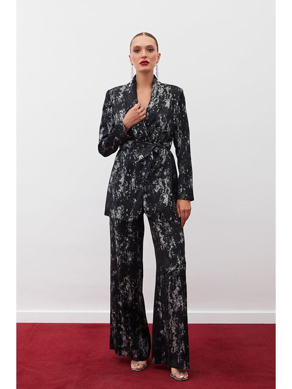 Parlak Desenli Salaş Pantolon - Siyah-Gümüş-2