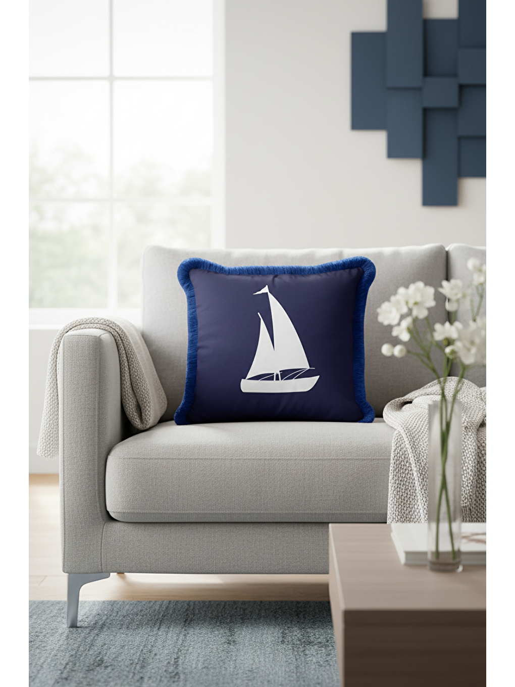 Karışık Yelkenli Motifli Saçaklı Yastık Kılıfı - Marin Temalı Lacivert Mavi Coastal Püsküllü Kırlent Kılıfı
