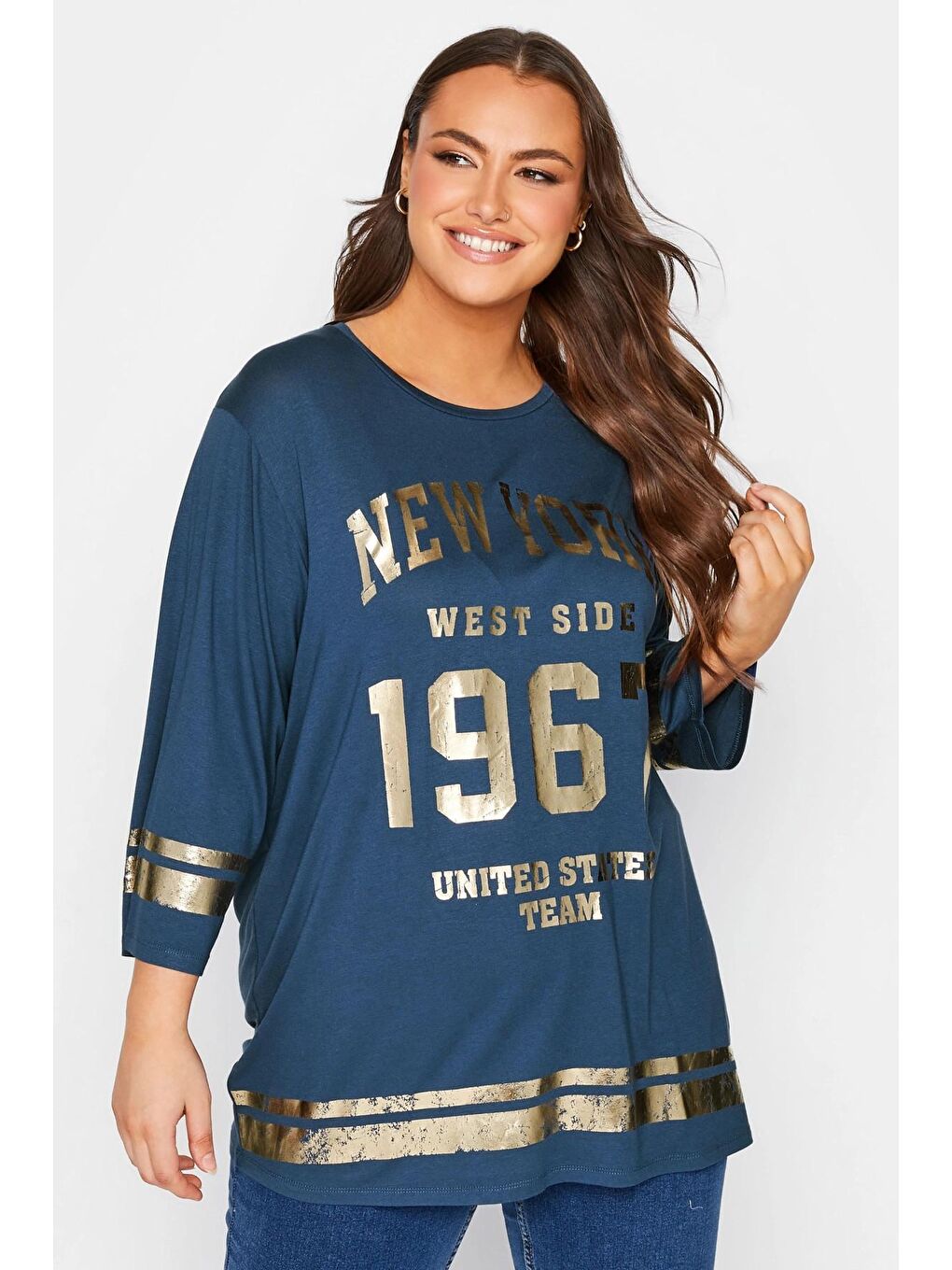Lacivert Büyük Beden Fakir Kol Metalik Yazı Baskılı Bisiklet Yaka Bluz 301399