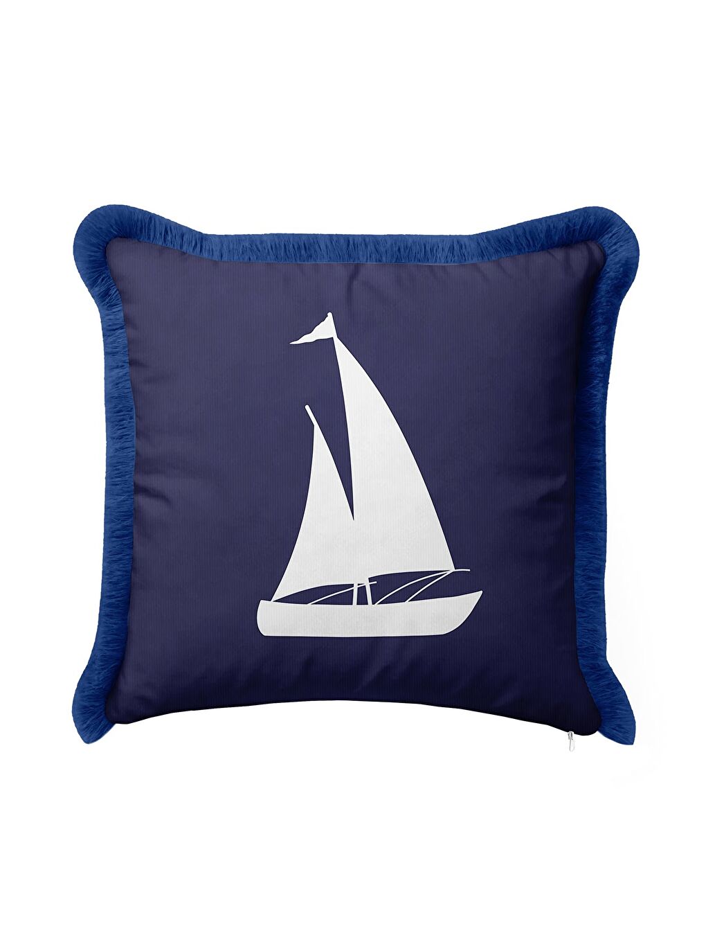 Karışık Yelkenli Motifli Saçaklı Yastık Kılıfı - Marin Temalı Lacivert Mavi Coastal Püsküllü Kırlent Kılıfı-1