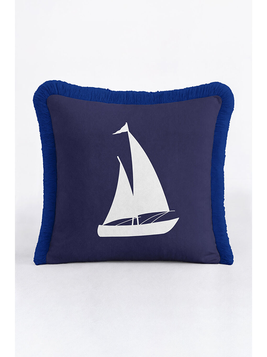 Karışık Yelkenli Motifli Saçaklı Yastık Kılıfı - Marin Temalı Lacivert Mavi Coastal Püsküllü Kırlent Kılıfı-2
