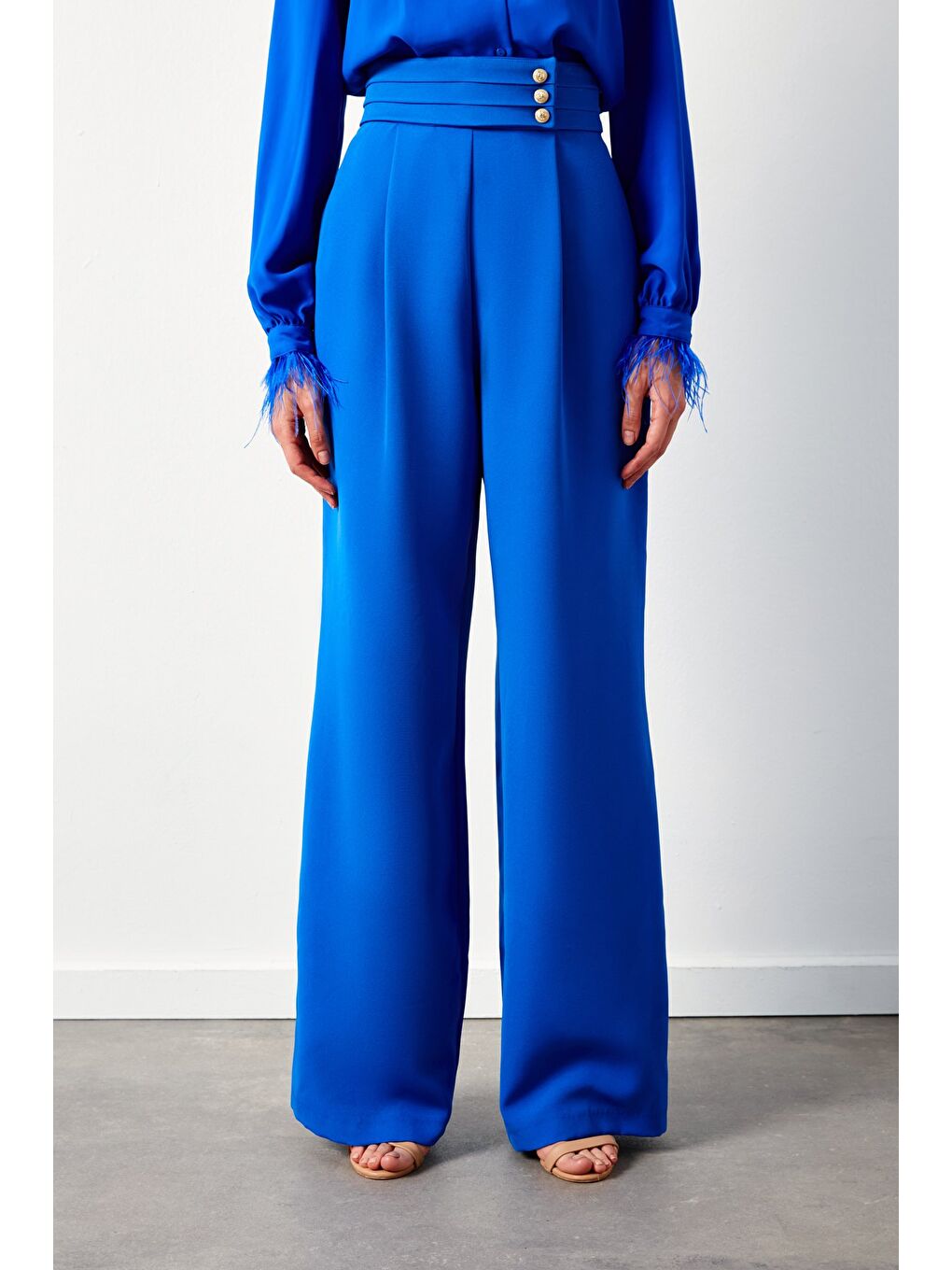 Bel Detaylı Pantolon - Sax Mavi-4