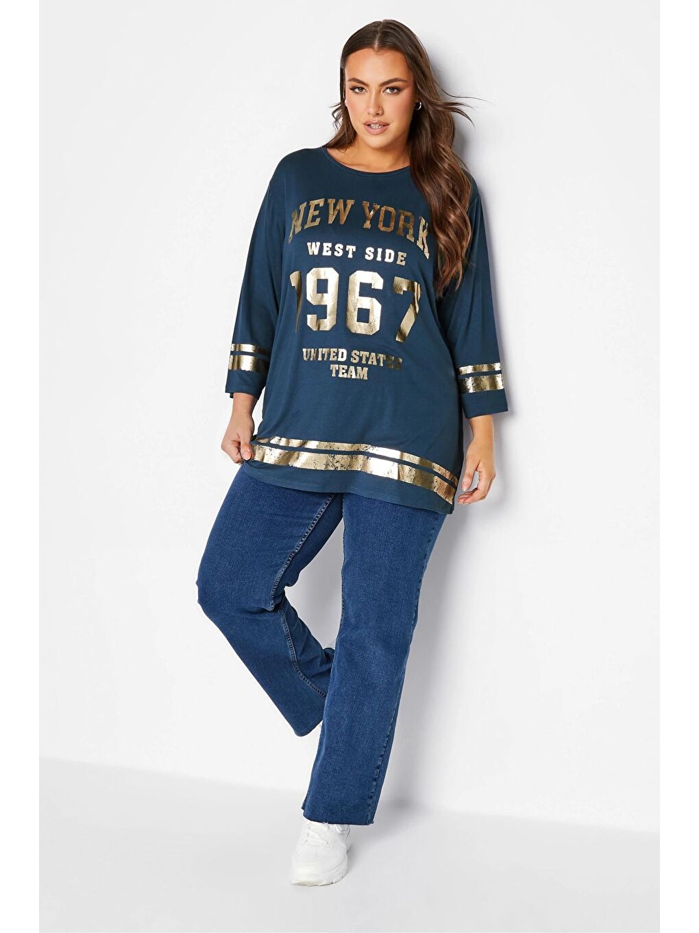 Lacivert Büyük Beden Fakir Kol Metalik Yazı Baskılı Bisiklet Yaka Bluz 301399-1