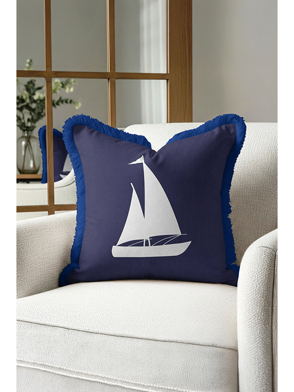Karışık Yelkenli Motifli Saçaklı Yastık Kılıfı - Marin Temalı Lacivert Mavi Coastal Püsküllü Kırlent Kılıfı-3