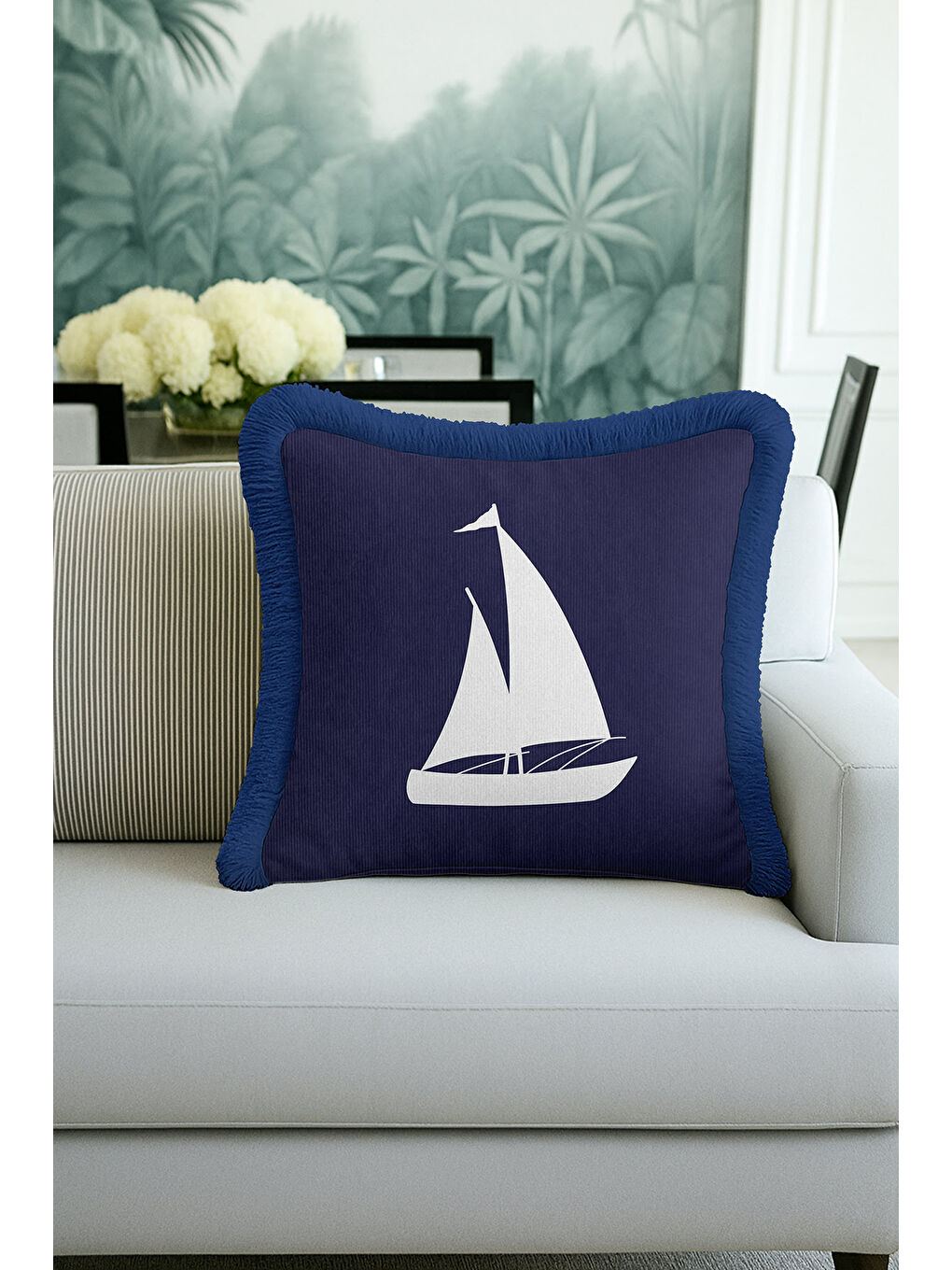Karışık Yelkenli Motifli Saçaklı Yastık Kılıfı - Marin Temalı Lacivert Mavi Coastal Püsküllü Kırlent Kılıfı-4