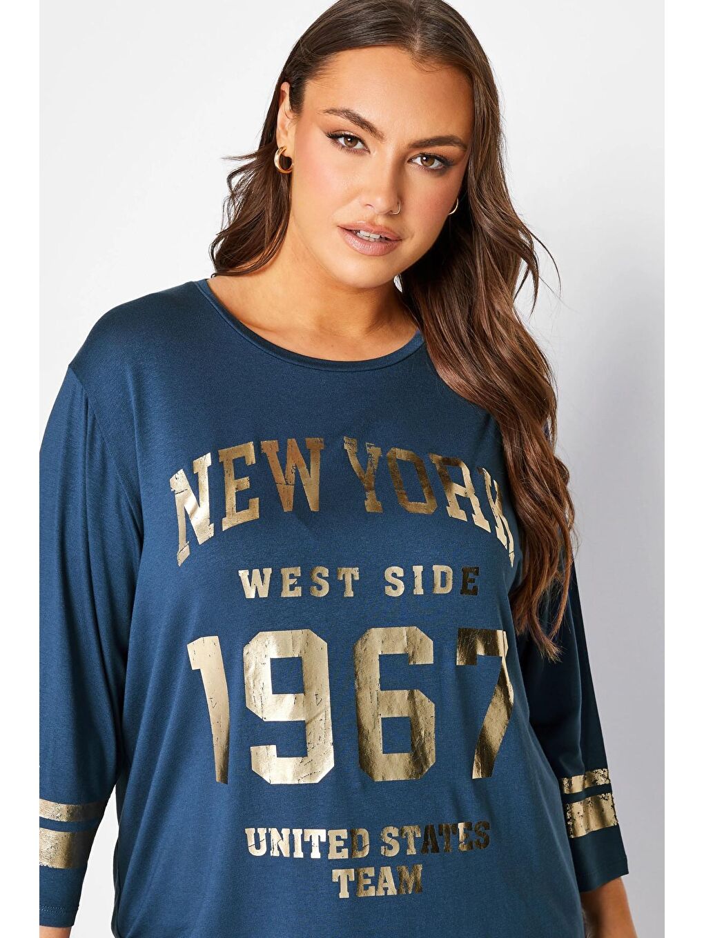 Lacivert Büyük Beden Fakir Kol Metalik Yazı Baskılı Bisiklet Yaka Bluz 301399-3