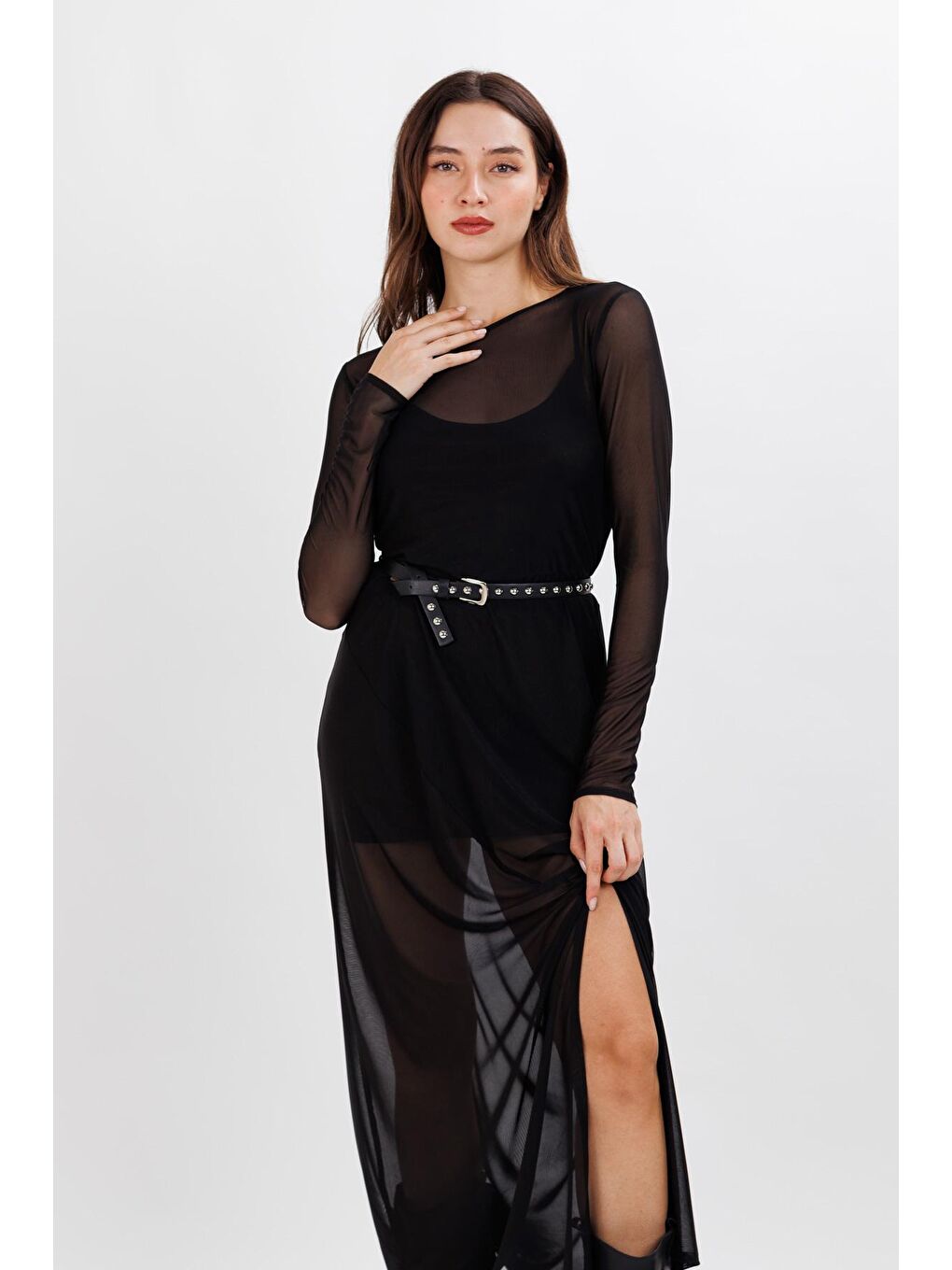 Kadın Siyah Tül Astarlı Bele Oturan Yırtmaç Detaylı Elbise-2