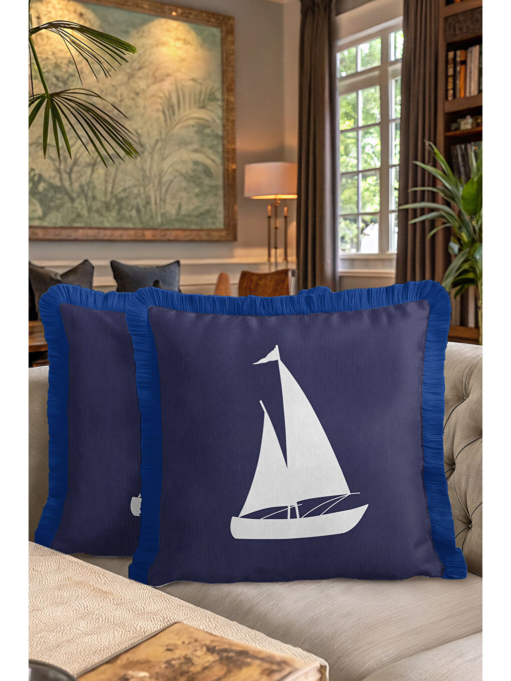 Karışık Yelkenli Motifli Saçaklı Yastık Kılıfı - Marin Temalı Lacivert Mavi Coastal Püsküllü Kırlent Kılıfı-7