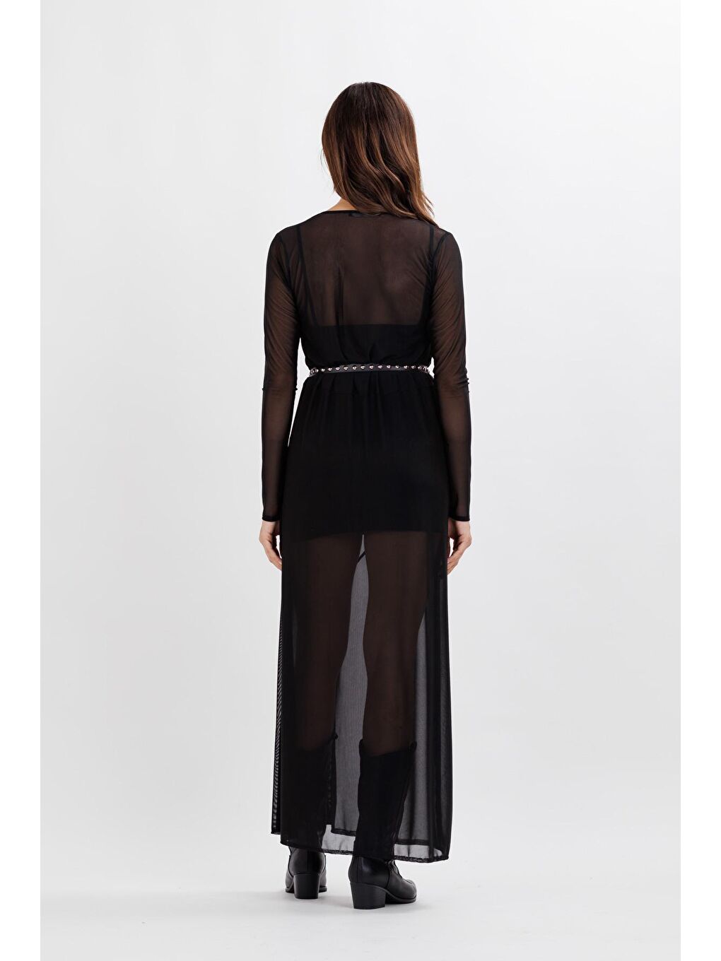 Kadın Siyah Tül Astarlı Bele Oturan Yırtmaç Detaylı Elbise-3