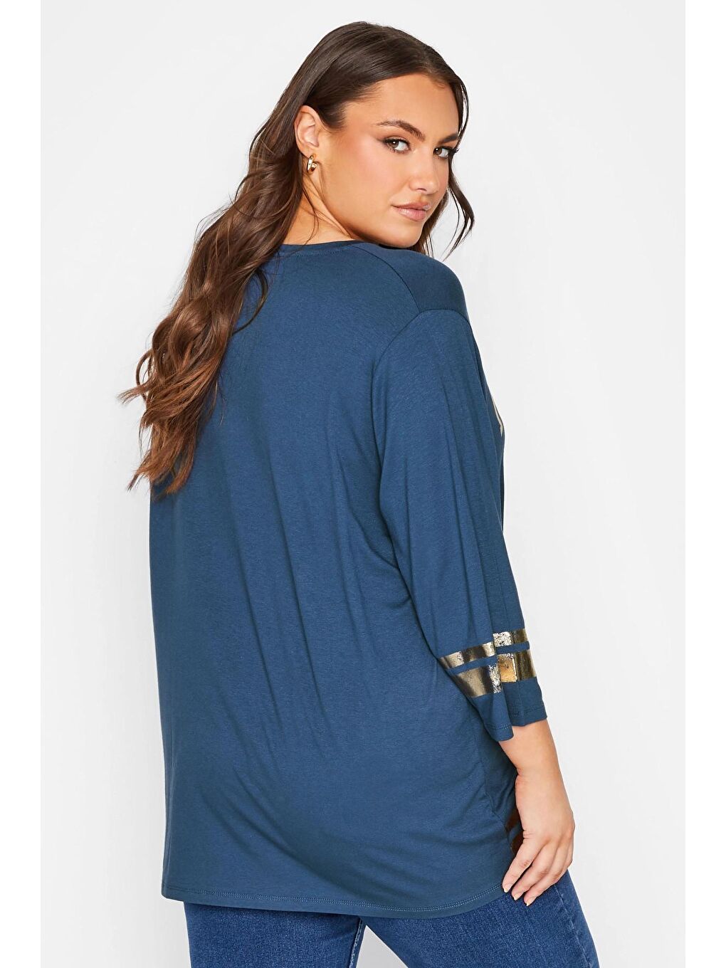 Lacivert Büyük Beden Fakir Kol Metalik Yazı Baskılı Bisiklet Yaka Bluz 301399-4