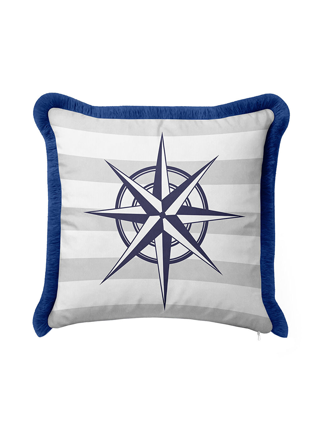 Karışık Pusula Motifli Saçaklı Yastık Kılıfı - Marin Tema Lacivert Beyaz Çizgili Püsküllü Kırlent Kılıfı