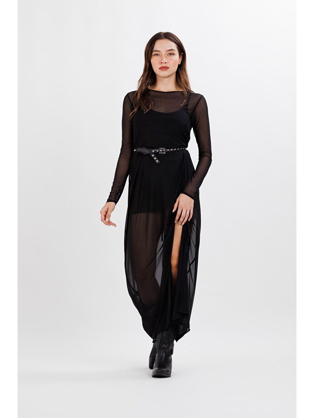 Kadın Siyah Tül Astarlı Bele Oturan Yırtmaç Detaylı Elbise-4