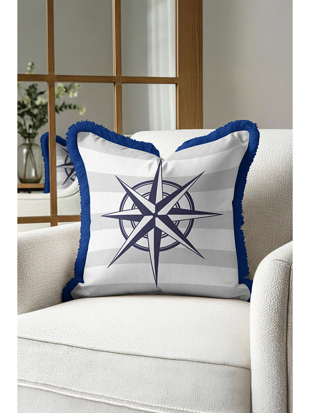 Karışık Pusula Motifli Saçaklı Yastık Kılıfı - Marin Tema Lacivert Beyaz Çizgili Püsküllü Kırlent Kılıfı-1