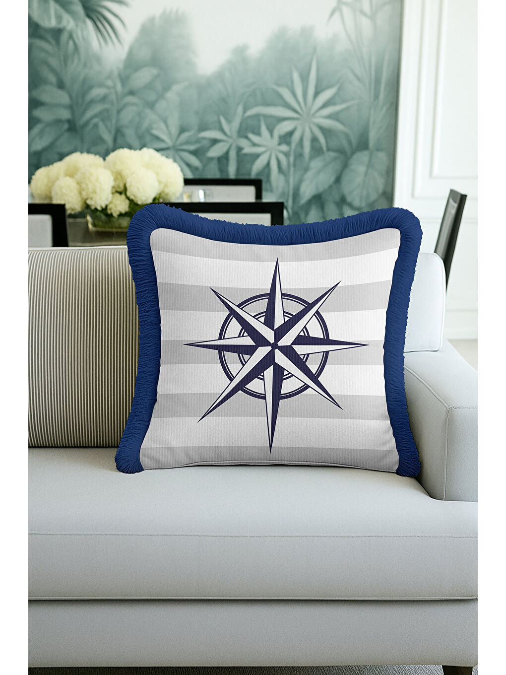 Karışık Pusula Motifli Saçaklı Yastık Kılıfı - Marin Tema Lacivert Beyaz Çizgili Püsküllü Kırlent Kılıfı-2
