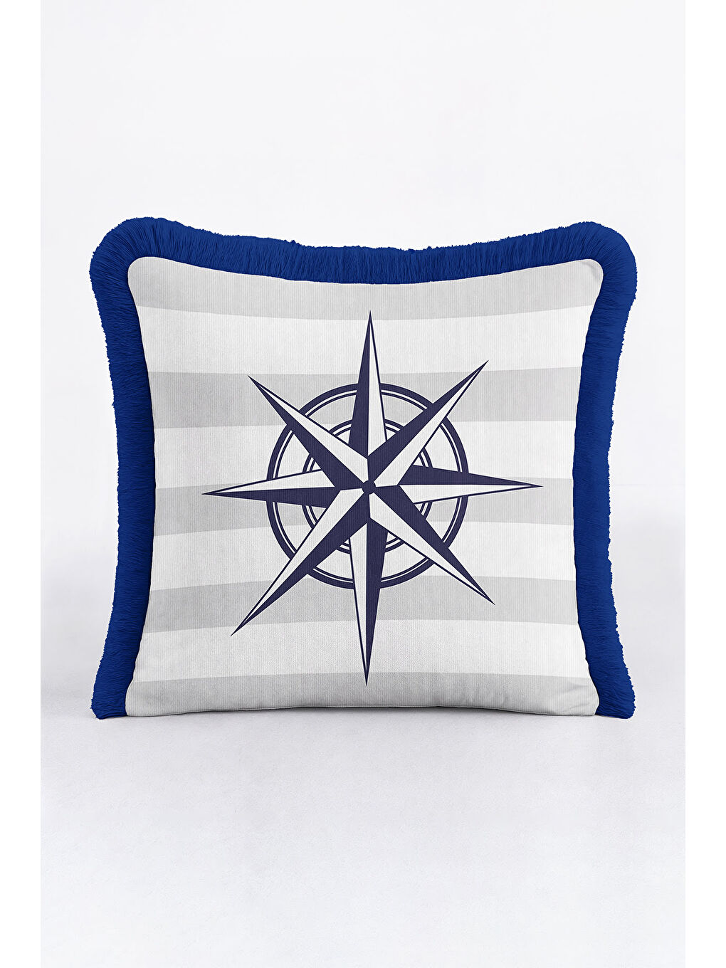 Karışık Pusula Motifli Saçaklı Yastık Kılıfı - Marin Tema Lacivert Beyaz Çizgili Püsküllü Kırlent Kılıfı-3