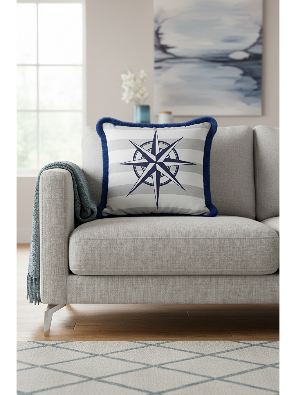 Karışık Pusula Motifli Saçaklı Yastık Kılıfı - Marin Tema Lacivert Beyaz Çizgili Püsküllü Kırlent Kılıfı-4