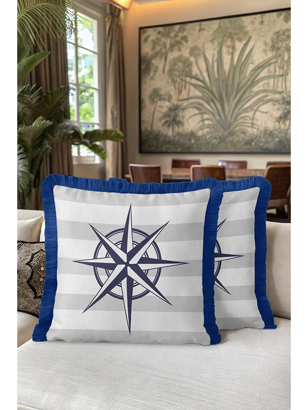 Karışık Pusula Motifli Saçaklı Yastık Kılıfı - Marin Tema Lacivert Beyaz Çizgili Püsküllü Kırlent Kılıfı-5