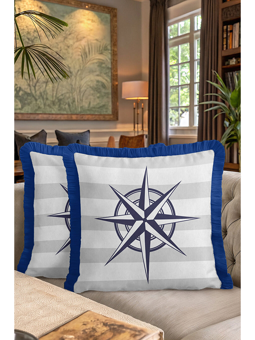 Karışık Pusula Motifli Saçaklı Yastık Kılıfı - Marin Tema Lacivert Beyaz Çizgili Püsküllü Kırlent Kılıfı-7