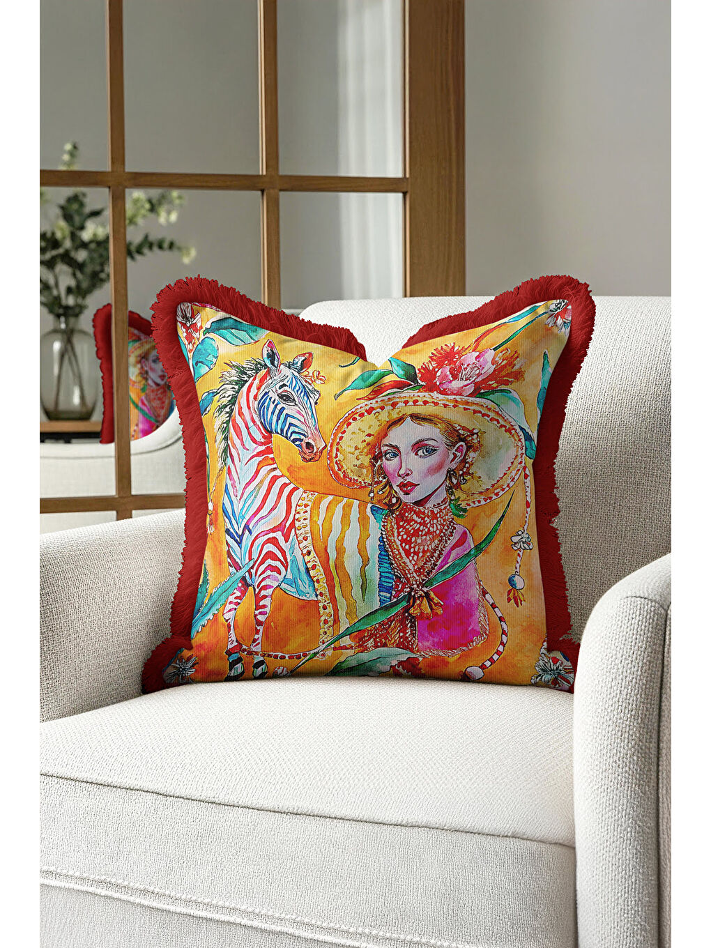 Karışık Sanatsal Vahşi Doğa Saçaklı Yastık Kılıfı - Egzotik Bohem Canlı Sarı Kırmızı Püsküllü Kırlent Kılıfı