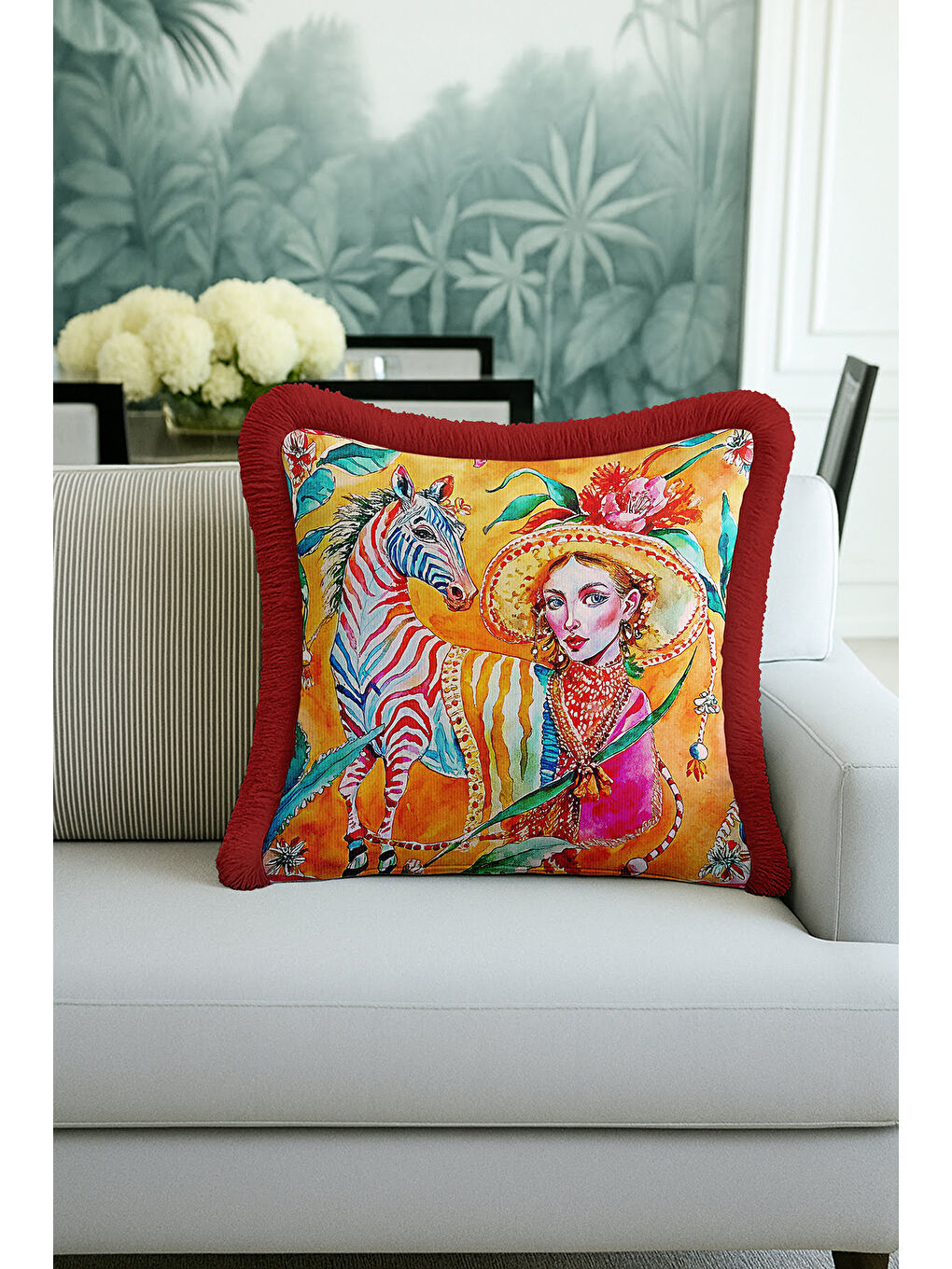 Karışık Sanatsal Vahşi Doğa Saçaklı Yastık Kılıfı - Egzotik Bohem Canlı Sarı Kırmızı Püsküllü Kırlent Kılıfı-1