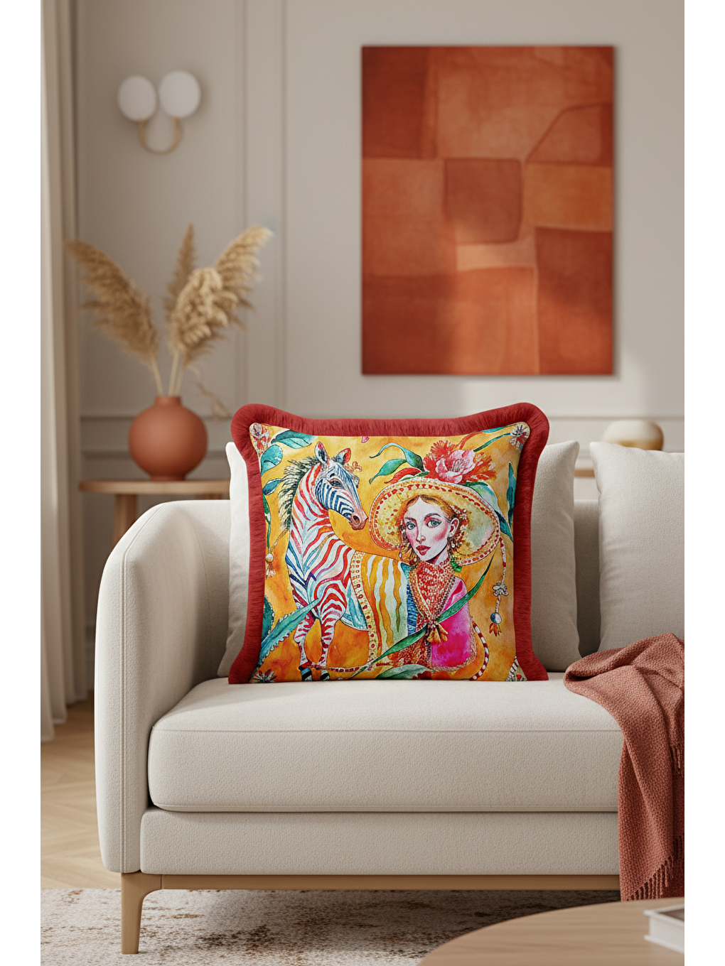 Karışık Sanatsal Vahşi Doğa Saçaklı Yastık Kılıfı - Egzotik Bohem Canlı Sarı Kırmızı Püsküllü Kırlent Kılıfı-2