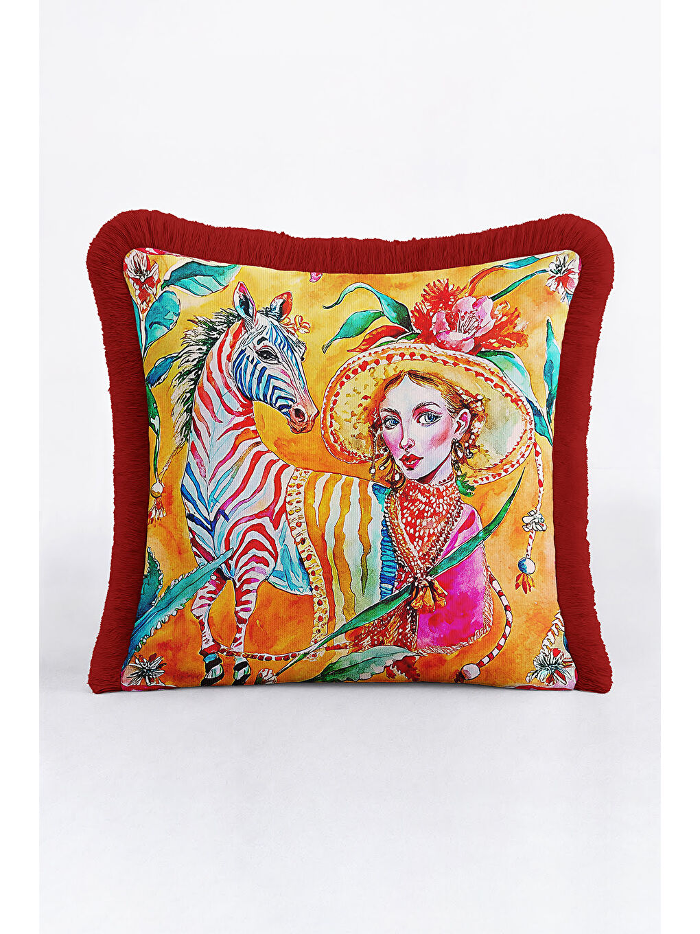 Karışık Sanatsal Vahşi Doğa Saçaklı Yastık Kılıfı - Egzotik Bohem Canlı Sarı Kırmızı Püsküllü Kırlent Kılıfı-3