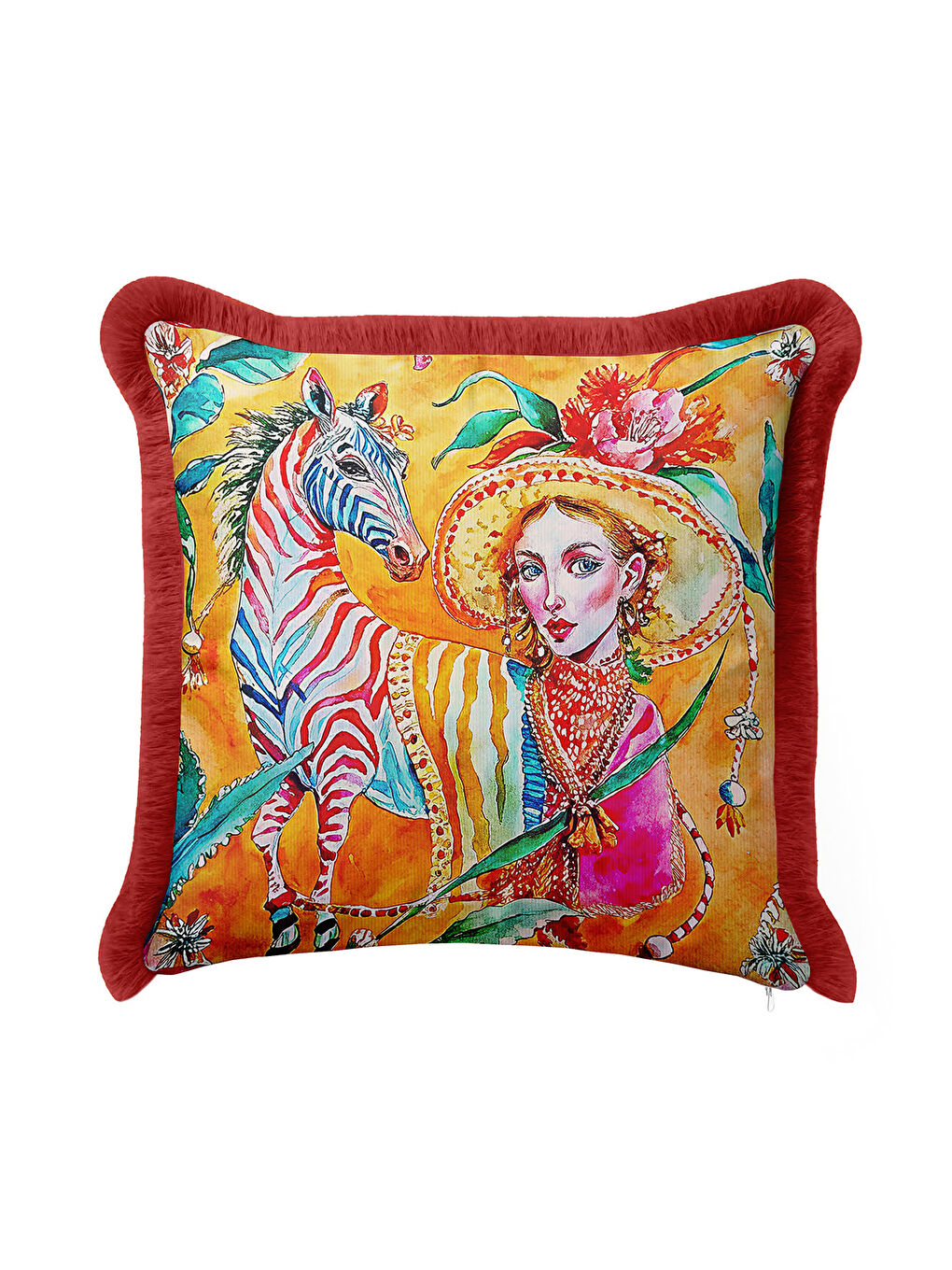 Karışık Sanatsal Vahşi Doğa Saçaklı Yastık Kılıfı - Egzotik Bohem Canlı Sarı Kırmızı Püsküllü Kırlent Kılıfı-4