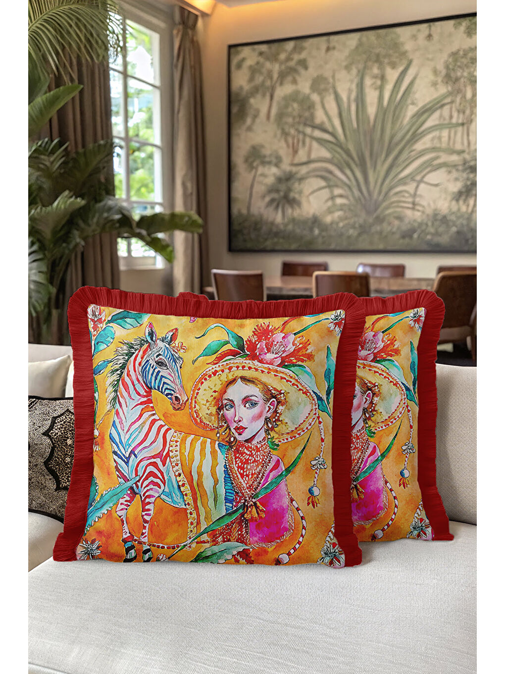 Karışık Sanatsal Vahşi Doğa Saçaklı Yastık Kılıfı - Egzotik Bohem Canlı Sarı Kırmızı Püsküllü Kırlent Kılıfı-5